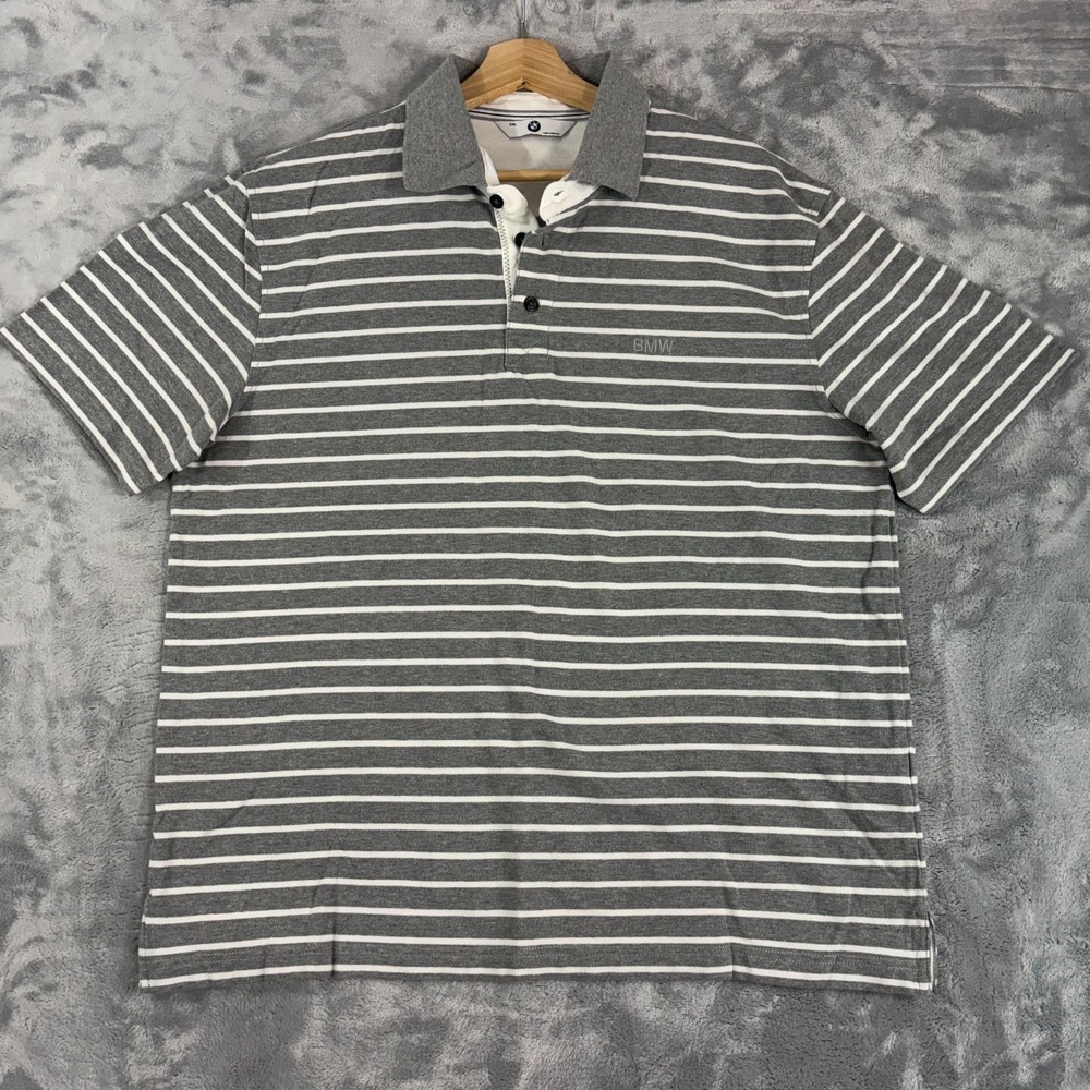 BMW Mens 2XL Polo Shirt Gray White Striped Short Sleeve Motorsports Casual